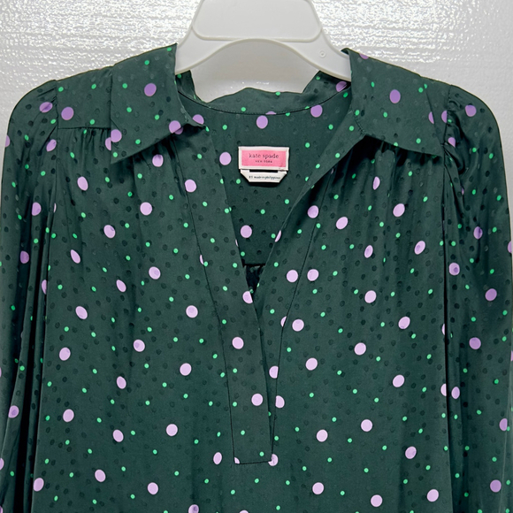 KATE SPADE Pine Forest Green Polka POP DOTS Preppy WOMENS XS Silk Blend PREP Top - Picture 2 of 8